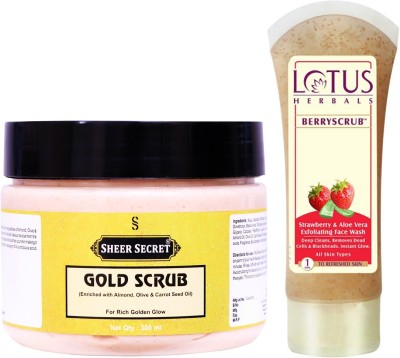Sheer Secret Gold Scrub 300ml and Lotus Berry Scrub Strawberry & Aloe Vera Exfoliating Face Wash 120ml(2 Items in the set)