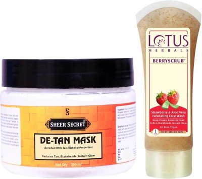 Sheer Secret De-Tan Mask 300ml and Lotus Berry Scrub Strawberry & Aloe Vera Exfoliating Face Wash 120ml(2 Items in the set)