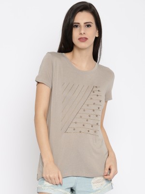 VERO MODA Printed Women Round Neck Grey T-Shirt