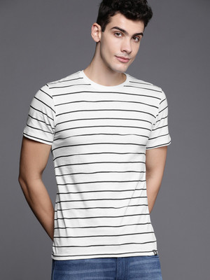 WROGN Striped Men Round Neck White T-Shirt
