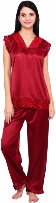 3SIX5 Women Solid Maroon Top & Pyjama Set