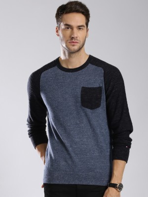 Tommy Hilfiger Printed Round Neck Casual Men Blue Sweater
