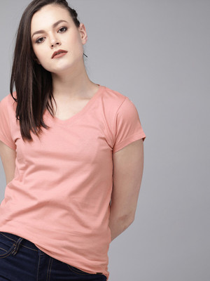 Roadster Printed Women Round Neck Pink T-Shirt