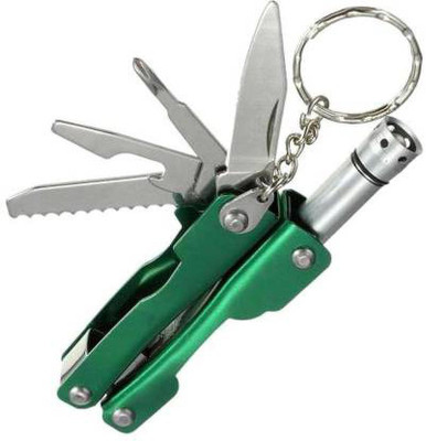 Ubod 9 in 1 Micro Plier Tool Kit LED Flash Light Knife Blade Cutter Key Ring Multi Utility Plier(9 Tools, Silver, Green)