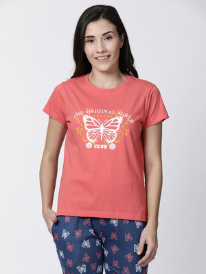 Kryptic Printed Women Round Neck Orange T-Shirt