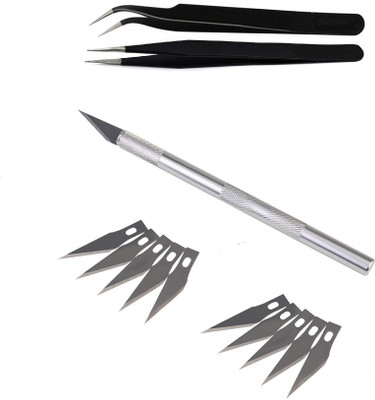wroughton Detail Pen Knife Metal Handle With 10 Interchangeable Sharp Blades for Art and Craft Work Multipurpose With Set of 2 ESD Non Magnetic Tweezer- Straight & Curved