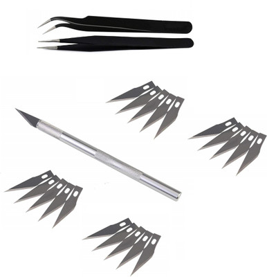 wroughton Detail Pen Knife Metal Handle With 20 Interchangeable Sharp Blades for Art and Craft Work Multipurpose With Set of 2 ESD Non Magnetic Tweezer- Straight & Curved
