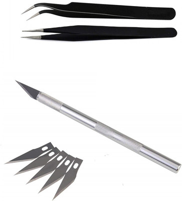 wroughton Detail Pen Knife Metal Handle With 5 Interchangeable Sharp Blades for Art and Craft Work Multipurpose With Set of 2 ESD Non Magnetic Tweezer- Straight & Curved