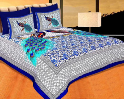 SPSON'S HANDLOOM Cotton Double Flat 220 TC Printed Bedsheet(Pack of 1, Blue)