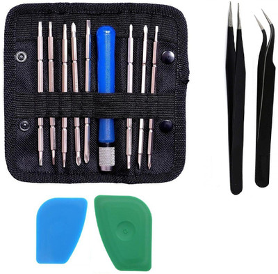 wroughton 16 In 1 Magnetic Micro Precision Multifunction Repairing Screwdriver Tool Kit For Laptop, Mobile, Digital Devices With 2 Plastic Spudger for Mobile Screen and Battery Removal and Set of 2 ESD Non-Magnetic Stainless Steel Tweezers- Straight & Curved Precision Screwdriver Set(Pack of 13)