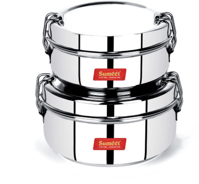 Sumeet Stainless Steel Food Pack Lunch Box with Steel Separator Plate and Locking Clip, Set of 2Pc, 350ML & 500ML Capacity 2 Containers Lunch Box(850 ml)