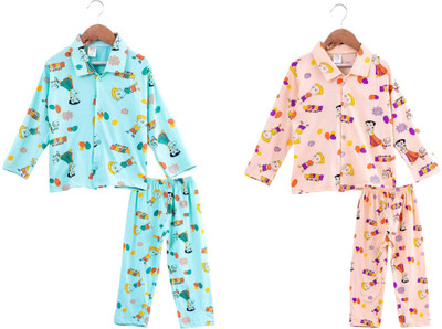 Trend Setter Boys & Girls Printed Light Blue Shirt & Pyjama set