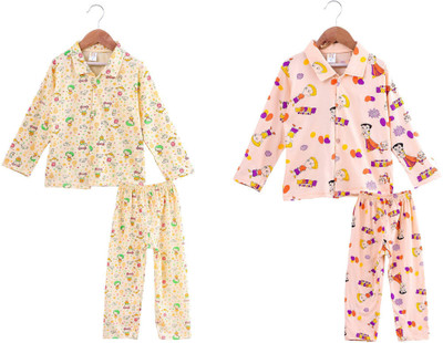 Trend Setter Boys & Girls Printed Beige Night Suit Set
