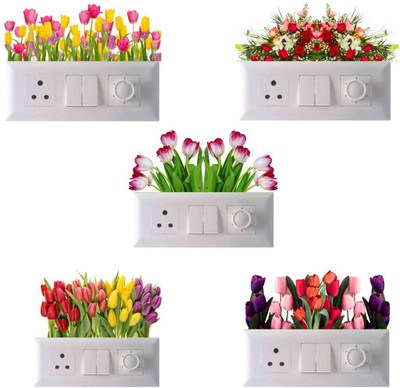 Printart 30 cm Medium Switch Board Sticker, Switch Stickers, Multicolor Nature Beautiful Flower Switch Board Sticker, Wall Stickers, Light Switch Sticker Set of 5 Sticker Self Adhesive Sticker(Pack of 5)