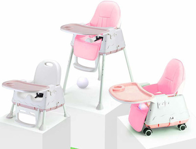 StarAndDaisy Folding Baby High Chair Recline Highchair Height Adjustable Feeding Seat Wheels *UPGRADED VERSION with wheel and PU cushion pad*(Pink)