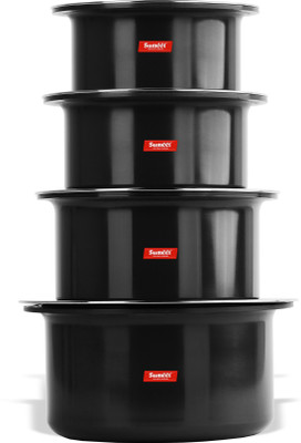 Sumeet 3mm Thick Hard Anodised Large Size Tope Set of 4Pc with S.S. Lid Size No.15 (3.50LTR), No. 16 (4.250 LTR), No. 17 (5 LTR), No. 18 (6 LTR) Cookware Set(Aluminium, 8 - Piece)