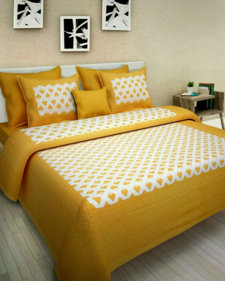 tripati sanganeri prints Cotton Double Flat 104 TC Printed Bedsheet(Pack of 1, Yellow, White)