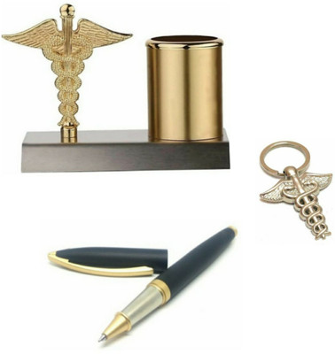SMART WORLD 1 Compartments METAL Caduceus designed Desk organizer with Black Matt Roller ball pen & Caduceus keychain( 3in1 Gift set )(Gold, Black, Silver)