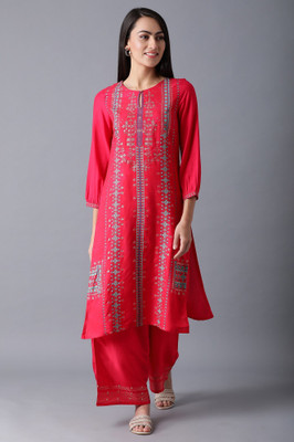 W Women Printed Straight Kurta(Pink)