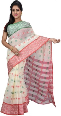 Desh Bidesh Self Design, Striped Tant Handloom Pure Cotton Saree(Red, Green, Cream)