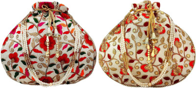 lookingfab potli matka combo-38(Multi,Gold Red Flower) Potli