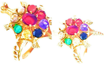 VAIBHAV Gold-Plated Navratan Tortoise Ring with Real Semi-Precious Gemstone for Women(Pack of 2) Brass Gold Plated Ring Set