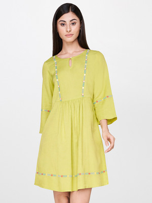 AND Women Fit and Flare Green Knee Length Dress
