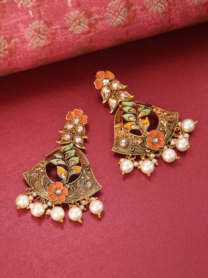 Priyaasi Gold-Plated Stone Studded Multicolor Flower Drop Earrings Pearl Brass Drops & Danglers