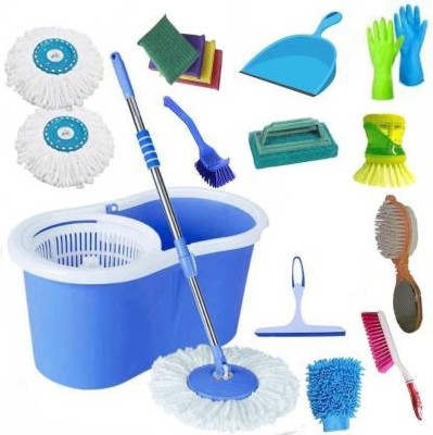 GTE Spin Floor Cleaning Easy Bucket Pvc Mop With 2 Microfiber Heads Get Pedi Cleaner, Sponge, Hand Gloves, Kitchen Wiper, Dustpan, Gloves, Liquid Brush, Sink Brush, Carpet Brush,Tile brush. Mop Set