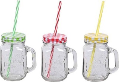 The SaGa Empire Royal Glass Mason Jar with Lid and Straw Smoothie Ice Cream Fruit Cold Drinking Water Jars Juice Cup Glass (450 ml) (Random Colour) Glass Mason Jar(500 ml, Pack of 3)