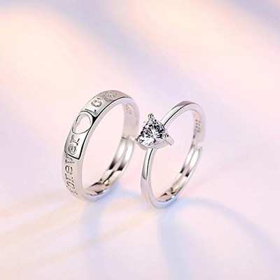 Ruhi Collection Forever Love Heart Couple Adjustable Silver Rings for Lovers / Husband and Wife/ King Queen Alloy Cubic Zirconia Silver Plated Ring