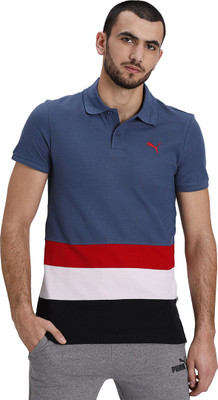 PUMA Striped Men Polo Neck Blue T-Shirt