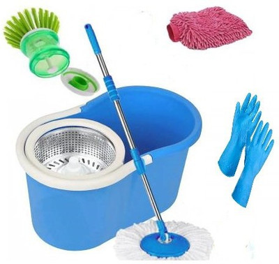 GTE Spin Floor Cleaning Easy Bucket Pvc Mop With 2 Microfiber Heads Get Liquid Brus Mop Set(Multicolor)