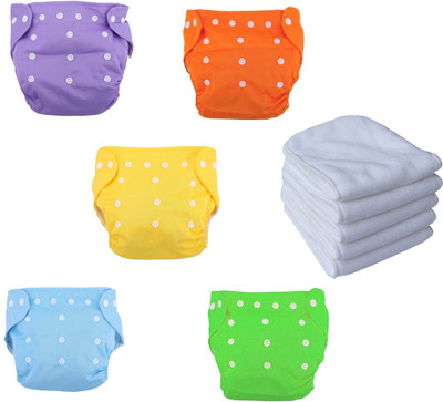 Orcoa Baby Cloth Reusable, Washable, Adjustable Button Diaper With 3 Layer Insert (Pack of 5)