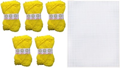 puffy Hand Knitting Art Craft Soft Fingering Crochet Hook Yarn, Needle Knitting Thread For Wool Ball Hand Knitting Art Craft Soft Fingering Crochet Hook Yarn Dyed Yellow Color Pack Of 5 With Plastic Cross Stitch Canvas Sheet