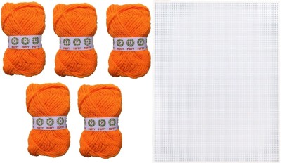 puffy Hand Knitting Art Craft Soft Fingering Crochet Hook Yarn, Needle Knitting Thread For Wool Ball Hand Knitting Art Craft Soft Fingering Crochet Hook Yarn Dyed Light Orange Color Pack Of 5 With Plastic Cross Stitch Canvas Sheet