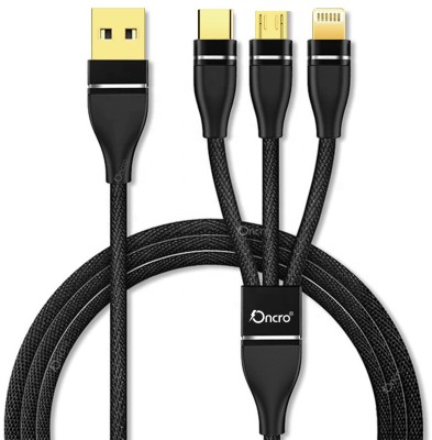 ONCRO Power Sharing Cable 1.2 m 3 amp 3 in 1 Cable Nylon Braided Fast/Rapid/Super Charging Cable for Micro USB, iPhone & Type C Devices. 3.3 ft Compatible with Maximum Devices Power Sharing Cable ( No Data transfer)(Compatible with Mobiles, Tablets, Type C devices, Android, 8 pin, Black, One Cable)