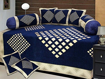 shopgallery Chenille Geometric Diwan Set(Blue)