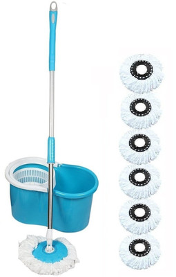 JSN Magic Spin Mop 360° Rotating Pole & Bucket Wet & Dry Mop 6 Refill Mop Set(Blue)