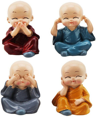 OgCombo Statue of 4 Monks, Cute Little Monks Decorative Showpiece  -  9 cm(Marble, Multicolor)