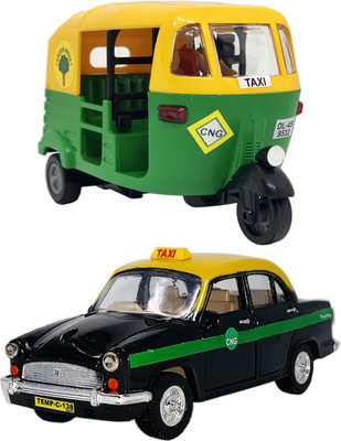 Miniature Mart Small Size Set of 2, Auto Rickshaw & Ambassador Taxi Car Toys For Kids , and Vehicle Showpieces.(Black, Yellow, Green, Pack of: 2)