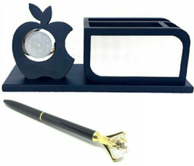 SMART WORLD 3 Compartments WOODEN Pen Stand(Black)