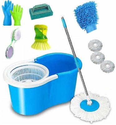 JSN 360Â° Spin Floor Cleaning Easy Magic Plastic Bucket Mop with 3 Microfiber Heads, Pedi Cleaner, Silicon Gloves, Liquid Brush, Tile brush, Gloves Cleaning Brush, Scrub Pad, Glove, Bucket, Mop Set