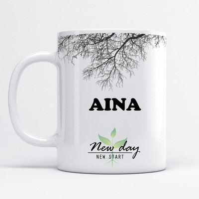 Beautum Aina Printed New Day New Start White Name Model No:NDNS000653 Ceramic Coffee Mug(350 ml)