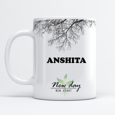 Beautum Anshita Printed New Day New Start White Name Model No:NDNS001654 Ceramic Coffee Mug(350 ml)