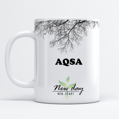 Beautum Aqsa Printed New Day New Start White Name Model No:NDNS001810 Ceramic Coffee Mug(350 ml)