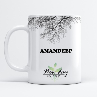 Beautum Amandeep Printed New Day New Start White Name Model No:NDNS001100 Ceramic Coffee Mug(350 ml)