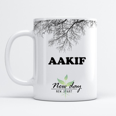 Beautum Aakif Printed New Day New Start White Name Model No:NDNS000056 Ceramic Coffee Mug(350 ml)