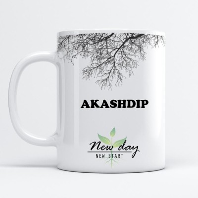 Beautum Akashdip Printed New Day New Start White Name Model No:NDNS000720 Ceramic Coffee Mug(350 ml)