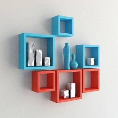 Hubwooden GOOD Floating Shelves Wall Display Shelf Wall Shelf Set Cube Mount Home Decor Books Photos Set of Cube Square (Number of Shelves - Red & Blue ) Wooden Wall Shelf(Number of Shelves - 6, Multicolor)